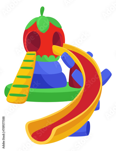 Inflatable bouncy slide icon. Bright and fun playground for childhood activity in the park. Summer amusement activity space. Equipment for kids, vector illustration