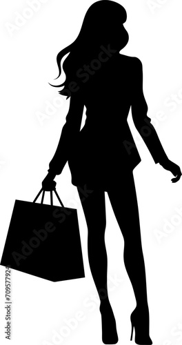 Woman with shopping bag silhouette in black color. Vector template design art.