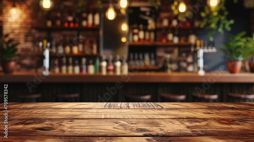 A pub's bar counter featuring a wooden table backdrop, Ai Generated.