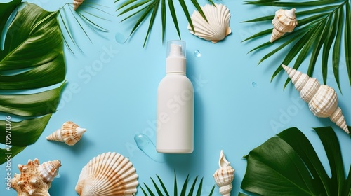 Bottle of sunscreen spray. Sunblock cream bottle with sea shells and a tropical green leaf, presented on a vibrant background, Ai Generated. photo