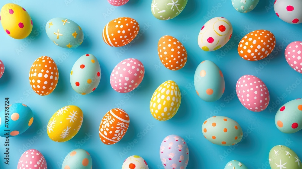 Numerous colorful Easter eggs arrayed on a blue background, Ai Generated.