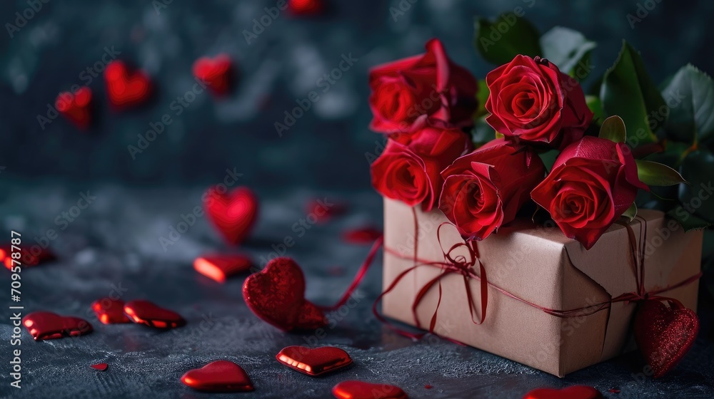 Gift box accompanied by a bouquet of fresh roses and celebratory red hearts set against a dark backdrop, Ai Generated Gift box accompanied by a bouquet of fresh roses and celebratory red hearts set against a dark backdrop, Ai Generated