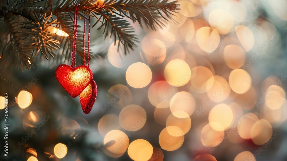 Obraz premium Valentine's Illumination Heart Strings Dangling from Fir Branches Against an Abstract, Ai Generated