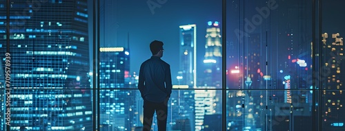 A businessman standing in a financial building office looking at the night view of a big city. generative AI