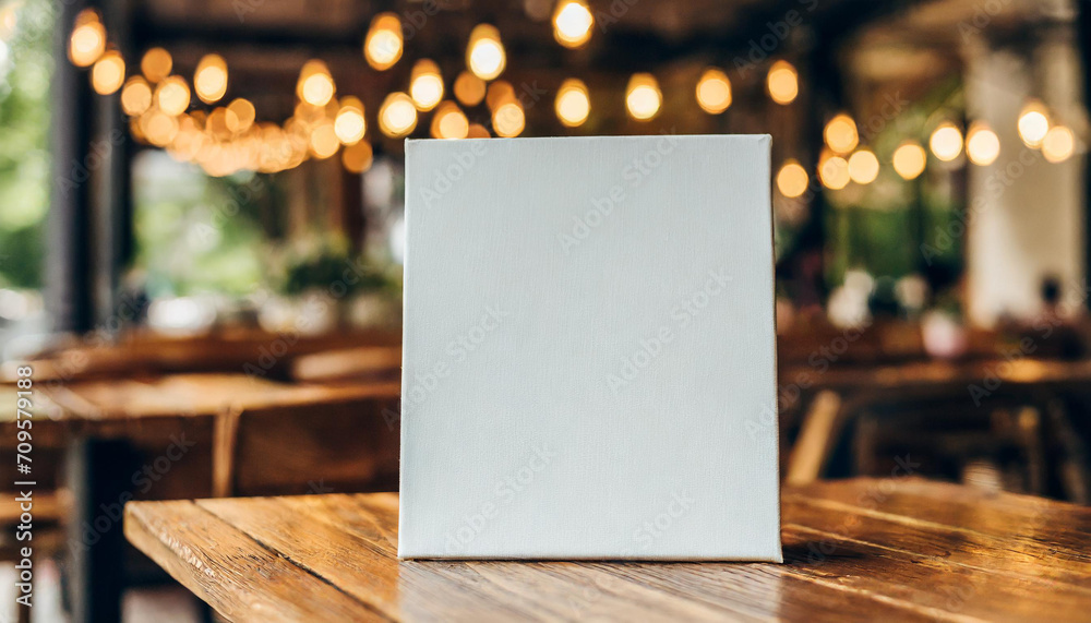 A frontal view of a blank white canvas stands on a wooden table in a cafe with a blurred background - Mockup - Product presentation - obrazy, fototapety, plakaty 