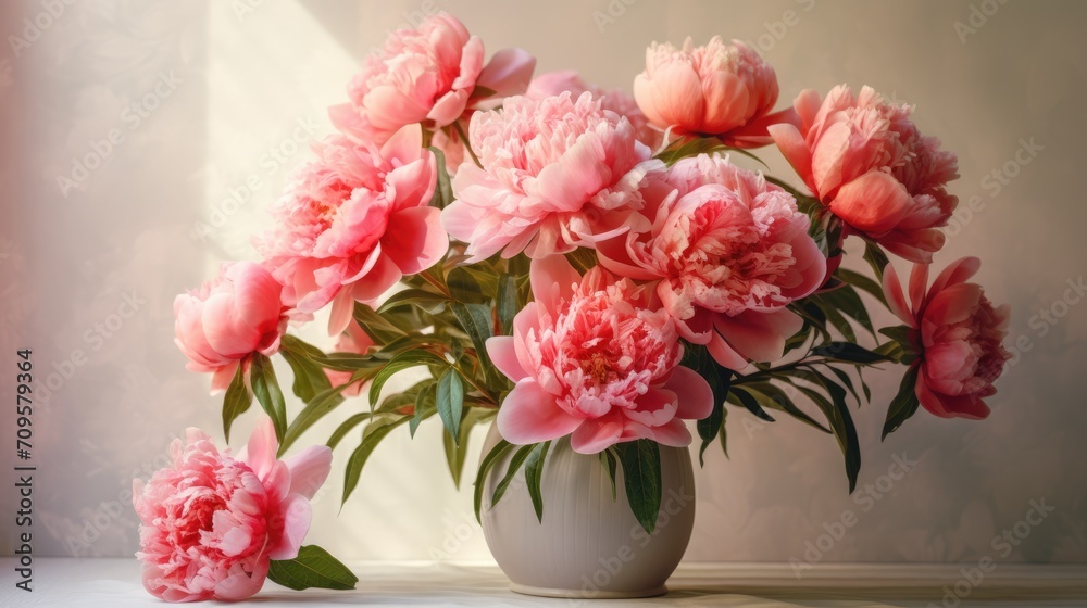 A bouquet of pink peonies in a vase on the windowsill for congratulations on Mother's Day, Valentine's Day, Women's Day. Romantic background and greeting card.