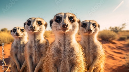 A group of meerkats standing alert, keeping watch over the desert surroundings © MagicS