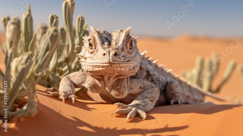 A camouflaged horned lizard blending into the desert sand © MagicS