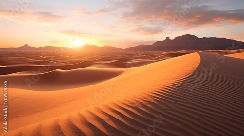 A stunning desert sunrise, casting long shadows over the dunes and rocky terrain