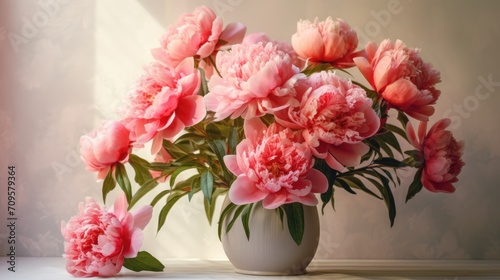 A bouquet of pink peonies in a vase on the windowsill for congratulations on Mother's Day, Valentine's Day, Women's Day. Romantic background and greeting card. © Cherkasova Alie