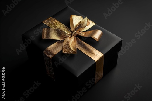 Black gift box on black background. Generative AI. 