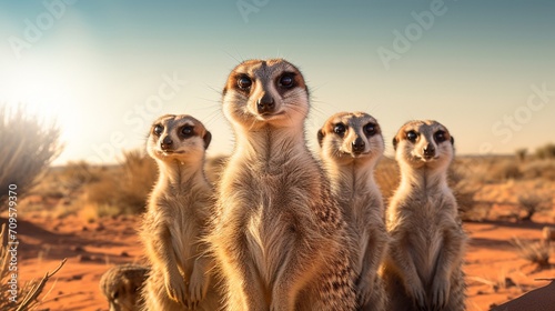 A group of meerkats standing alert, keeping watch over the desert surroundings