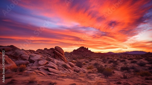 A fiery desert sunset, with the sky ablaze in hues of orange, red, and purple