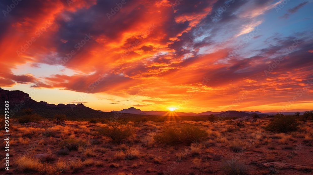 A fiery desert sunset, with the sky ablaze in hues of orange, red, and purple