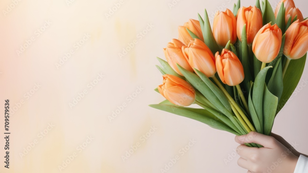 Women's hands holding a bouquet of orange or peach tulips for congratulations on Mother's Day, Valentine's Day, women's Day. Blurred background. Women's hands holding a bouquet of orange or peach tulips for congratulations on Mother's Day, Valentine's Day, women's Day. Blurred background.