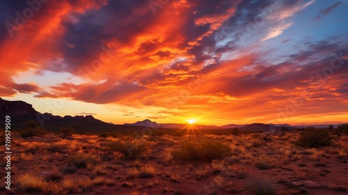 A fiery desert sunset  with the sky ablaze in hues of orange  red  and purple