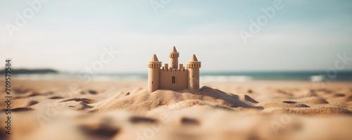 Small sand castle on the ocean beach. Summer kids holidays on the sea side, sea coast. Concept of summer vacation for postcard, banner, poster, advertisement with copy space.