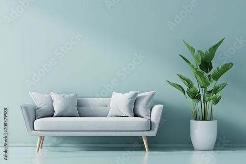Gray modern sofa and home potted plant near on a plain light-blue background, front view. AI generative