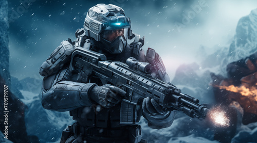 A soldier in a futuristic armor, fighting against an alien enemy space war background,sci-fi concept