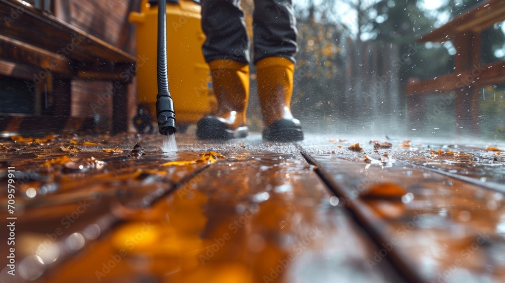 A man using pressure washer to clean patio decking A man using pressure washer to clean patio decking