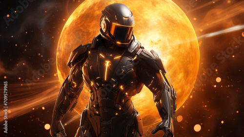 A soldier in a futuristic armor, fighting against an alien enemy space war background,sci-fi concept