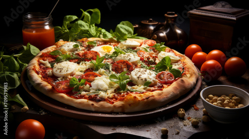 Pizza with mozzarella, tomatoes and olives on wooden background. 