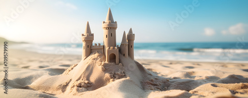 Sand castle on the ocean beach. Summer kids holidays on the sea side  sea coast. Concept of summer vacation for postcard  banner  poster  advertisement with copy space.