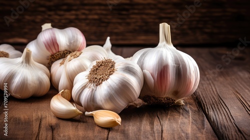 Garlic on a wooden background. Seasoning for cooking. A vegetable rich in vitamins. A place for the text.