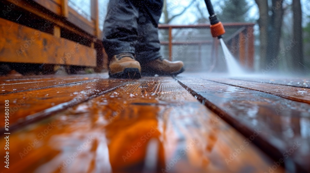 A man using pressure washer to clean patio decking