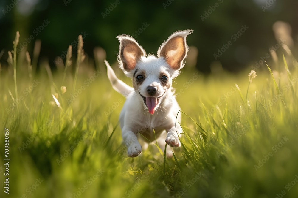 A small puppy with big ears runs through the grass.