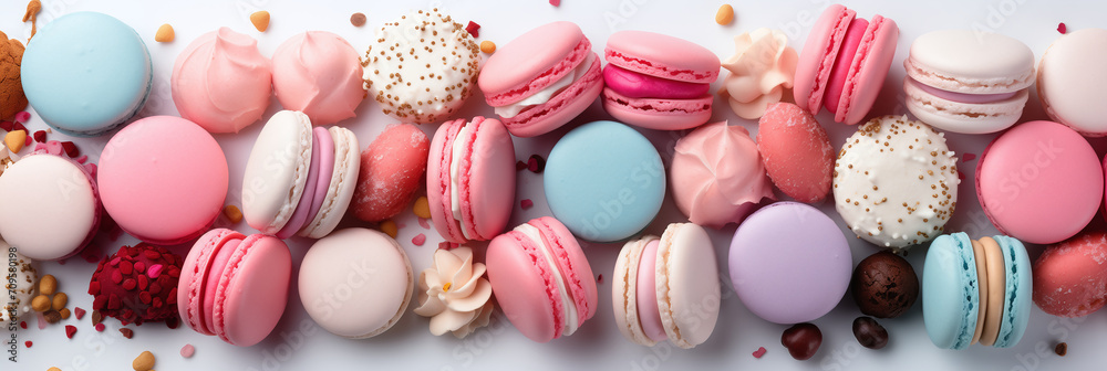 Colorful french desserts with sweets, top view, flat lay. Cake macaroons on plain background, colorful almond cookies, pastel colors. Banner. Flat lay, top view Colorful french desserts with sweets, top view, flat lay. Cake macaroons on plain background, colorful almond cookies, pastel colors. Banner. Flat lay, top view