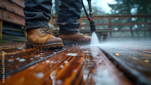 A man using pressure washer to clean patio decking © ND STOCK