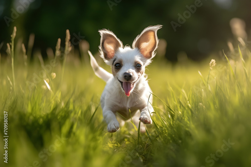 A small puppy with big ears runs through the grass.