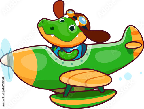 Cartoon cute crocodile animal character on plane. Adorable alligator kid flying on propeller airplane, cute crocodile pilot sitting in plane isolated vector personage. Funny animal on vintage aircraft
