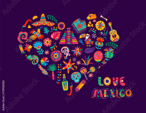 Love Mexico heart shape with tropical mexican flowers and animals, pyramids and food, pinata, sombrero, calavera skull and tequila vector pattern. Mexican holidays banner with cartoon folk ornaments