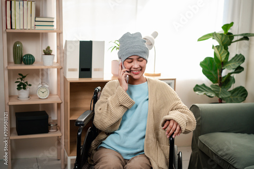 Young woman have a sick with cancer her confident feeling happy lifestyle in living room at home.