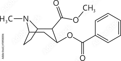 Cocaine drug molecule formula and chemical structure, synthetic or organic drugs vector model. Molecular structure and chemical formula of cocaine drug or narcotic substance for medicine and pharmacy