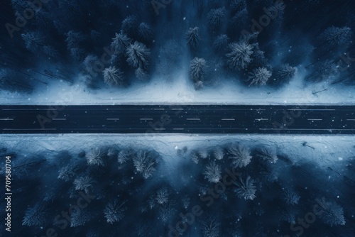 Plane over road in winter, aerial image with romantic depictions of wilderness. Generate AI image photo