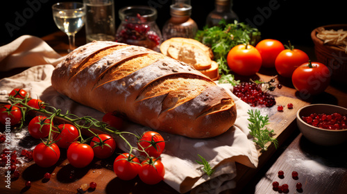 Freshly baked bread on a wooden board with wheat and flour. 