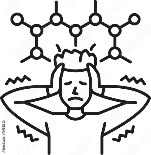 Human chemophobia phobia icon, mental health. Fear of chemicals, mental disorder thin line vector symbol. People psychology problem line icon or sign with worried man, chemistry molecular lattice