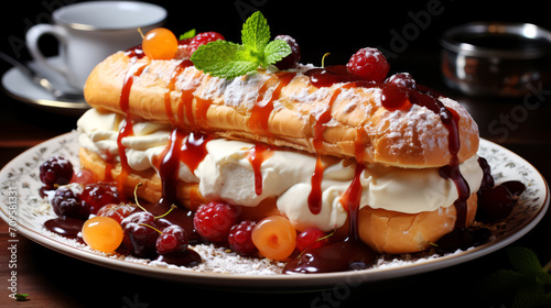 Eclair with cream and berries on a wooden table in a restaurant. 
