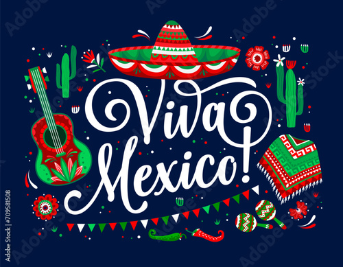 Viva Mexico banner with sombrero hat, mariachi guitar and poncho, vector background. Mexican holiday fiesta banner with chili and jalapeno peppers, cactus and flowers or papel picado flags