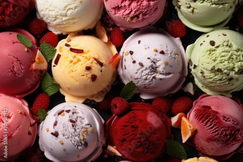 Ice creams balls strawberry pistachio almond orange and cherry top view wallpaper