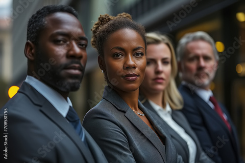 Business portrait of a diverse management team of race and gender. Confident business people community standing outdoors and looking at camera