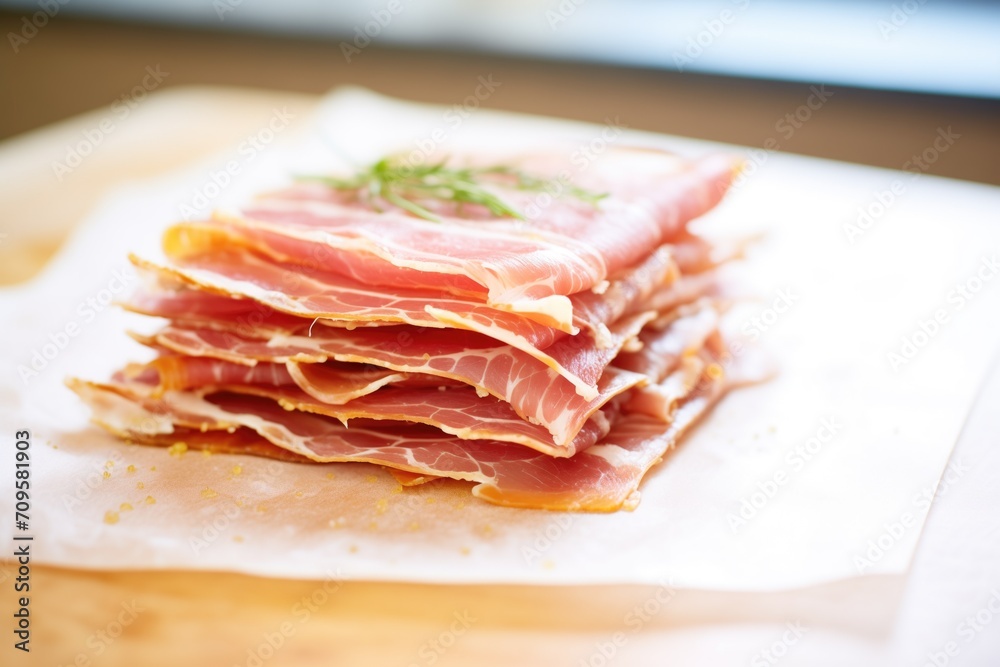 stack of raw pancetta slices on wax paper stack of raw pancetta slices on wax paper