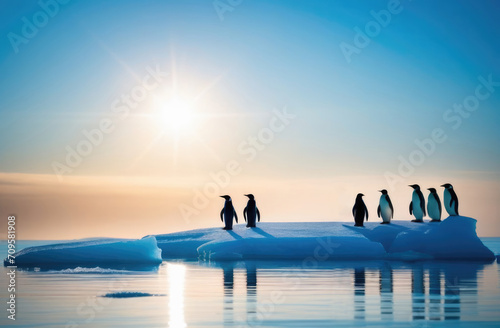 Penguins on an ice floe in the middle of the ocean against a backdrop of scattered sunlight. A melting iceberg and global warming. Climate change, environmental disaster, melting glaciers.