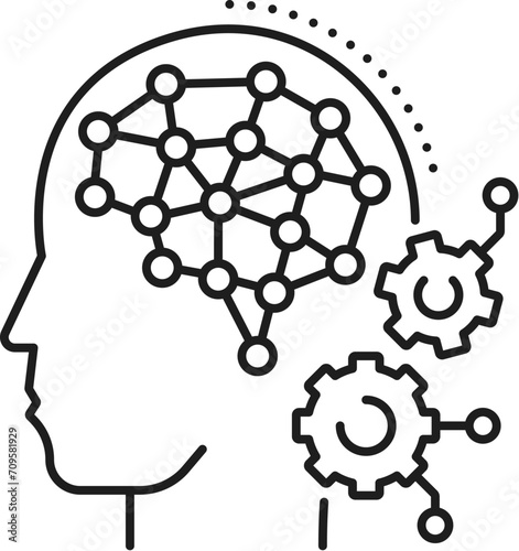Deep learning icon for AI artificial intelligence and machine learning, line vector. AI mind and artificial neural network for supervised or unsupervised learning, AutoMl algorithms and data analysis