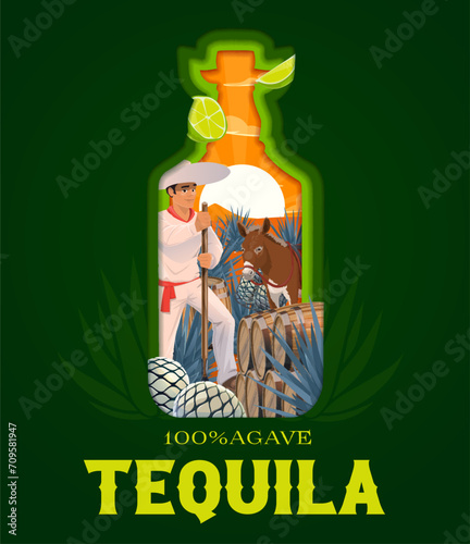 Mexican tequila paper cut banner in bottle shape for blue agave drink, vector label. 100 percent original tequila papercut banner with Latin man in sombrero, donkey and wooden barrels in Mexico desert