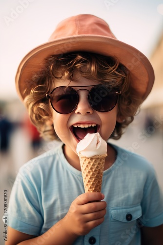 Happy little boy in sunglasses and hat with ice cream on yellow backgroun