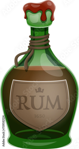 Pirate rum bottle, isolated vector cartoon glass weathered flask with tattered parchment label, holds the essence of salty seas and daring adventures, promising a taste of the high seas untamed spirit